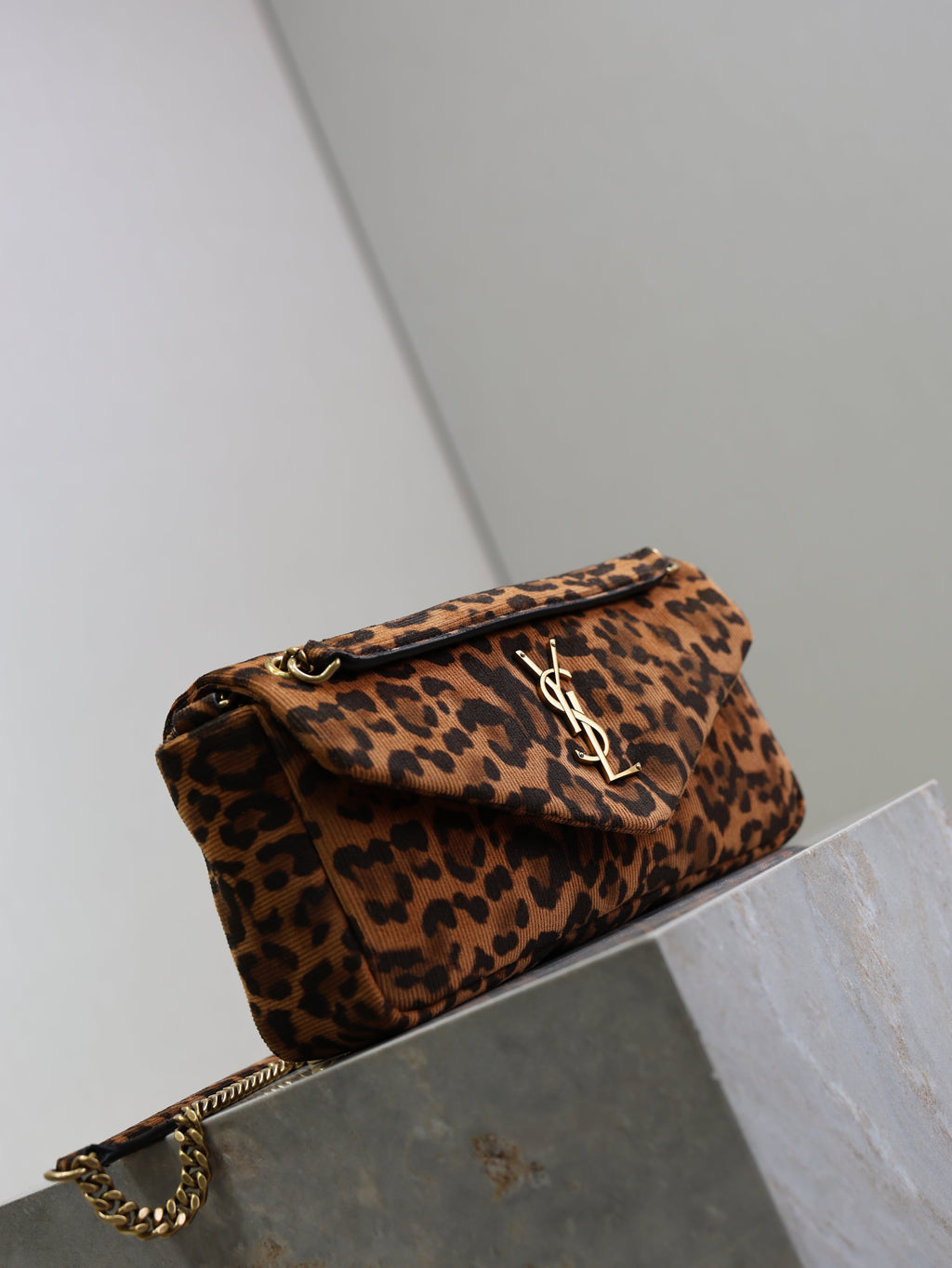 YSL 25S CALYPSO HANDBAG 26 IN BROWN LEOPARD PRINT VELVET GOLD HARDWRE