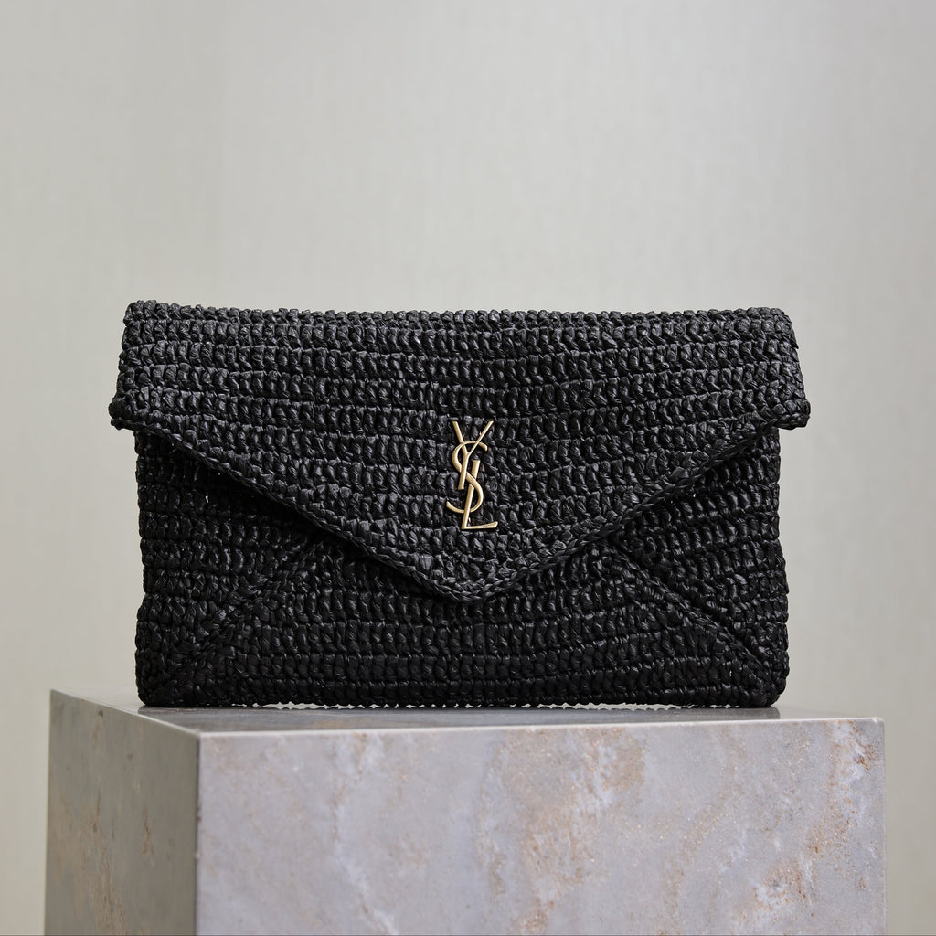 YSL 25S CASSANDRE LARGE ENVELOPE POUCH 29 IN BLACK RAFFIA GOLD HARDWRE