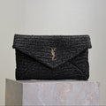 YSL 25S CASSANDRE LARGE ENVELOPE POUCH 29 IN BLACK RAFFIA GOLD HARDWARE