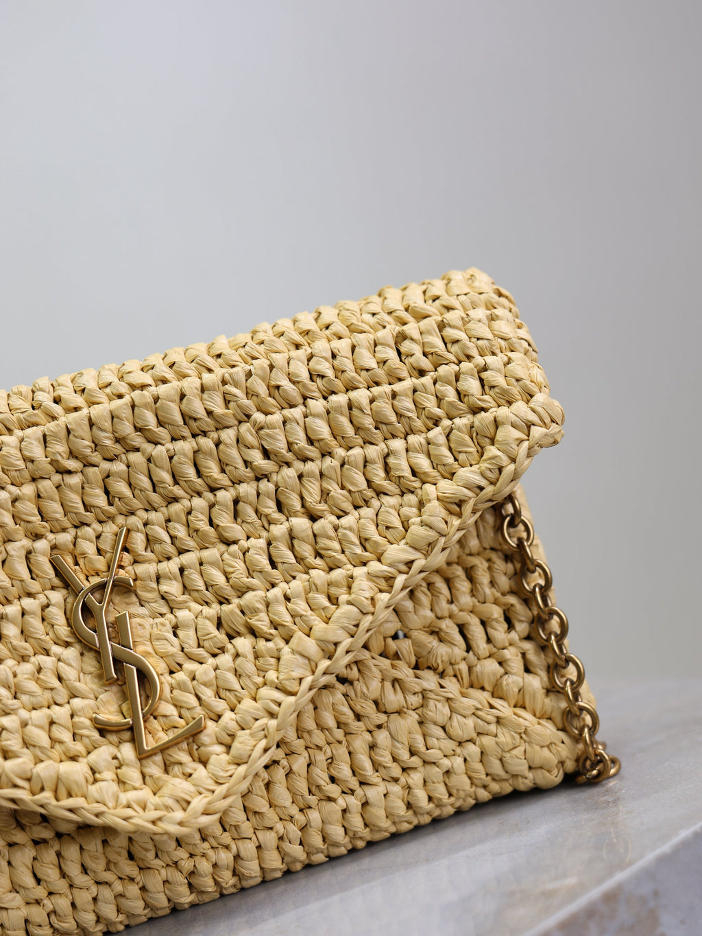 YSL 25S CALYPSO BAG 19 IN NATURAL RAFFIA AND CALFSKIN GOLD HARDWARE