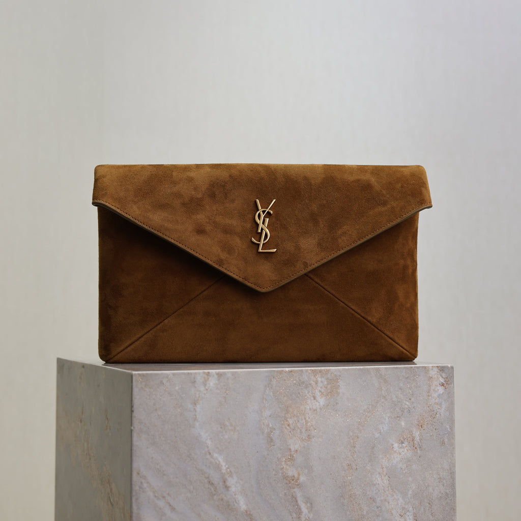 YSL 25S CASSANDRE LARGE ENVELOPE POUCH 29 IN BURNT UMBER SUEDE GOLD HARDWARE