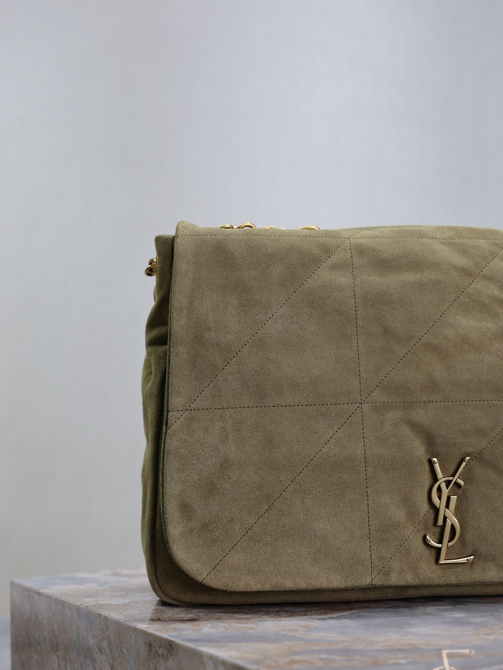 YSL 25S LARGE JAMIE 43 IN MUTED KHAKI SUEDE GOLD HARDWARE