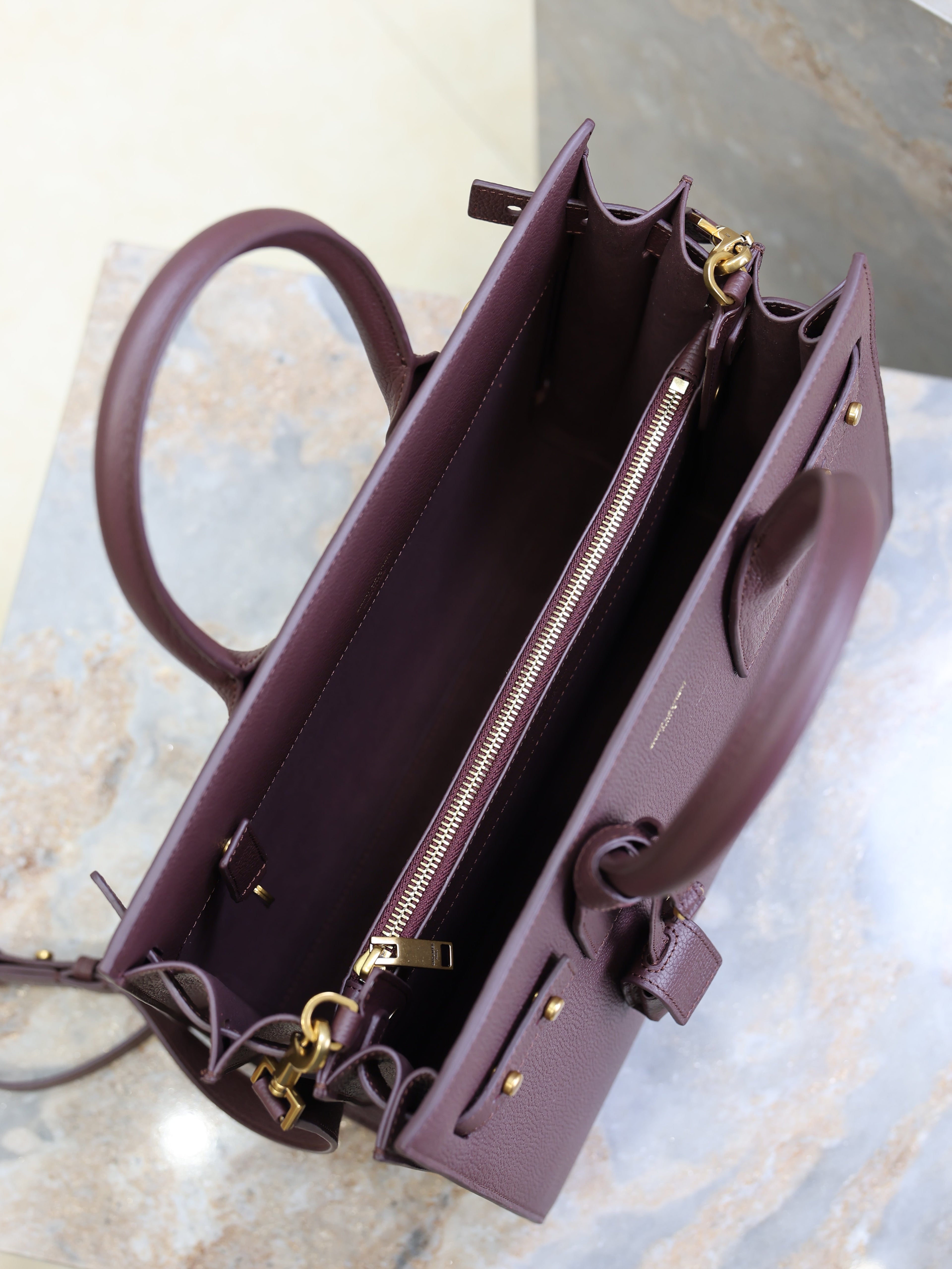 YSL 25S SAC DE JOUR GM 32 IN ROUGE CABERNET SUPPLE GRAINED CALFSKIN