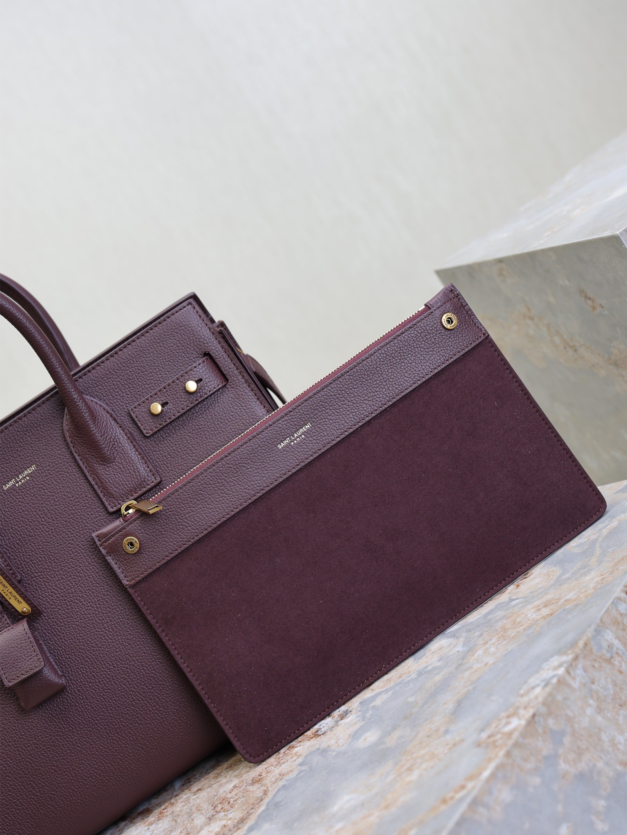 YSL 25S SAC DE JOUR GM 32 IN ROUGE CABERNET SUPPLE GRAINED CALFSKIN