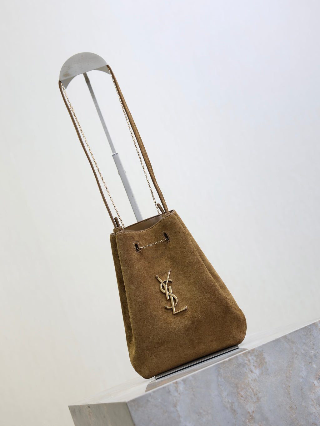 YSL 25S POCHON BAG 24 IN CARAMEL COGNAC SUEDE GOLD HARDWARE