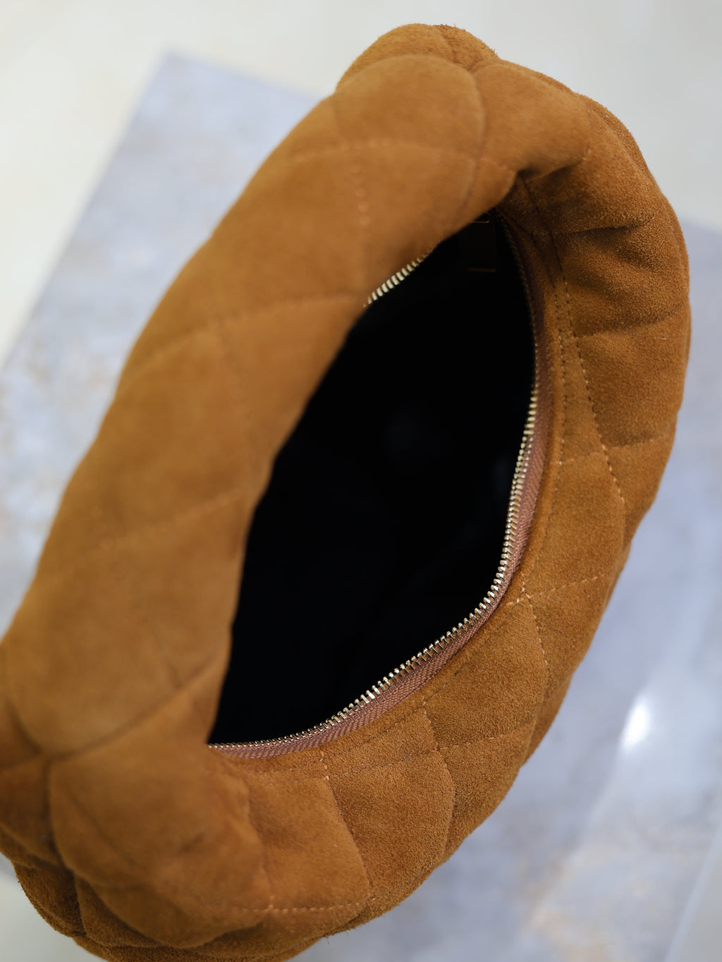 YSL 25S ICARINO MINI 17 IN CARAMEL QUILTED SUEDE GOLD HARDWARE