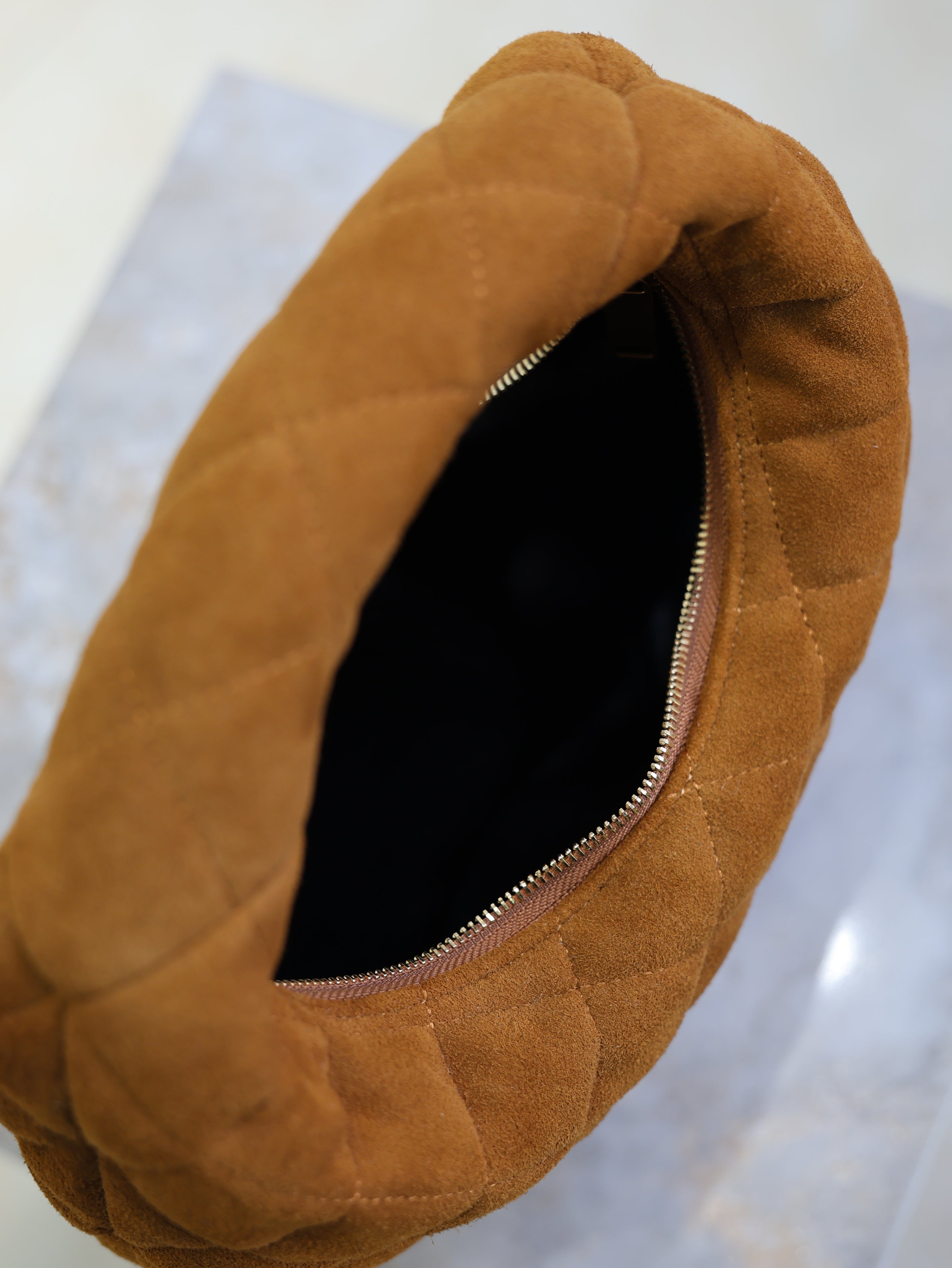 YSL 25S ICARINO MINI 17 IN CARAMEL QUILTED SUEDE GOLD HARDWARE