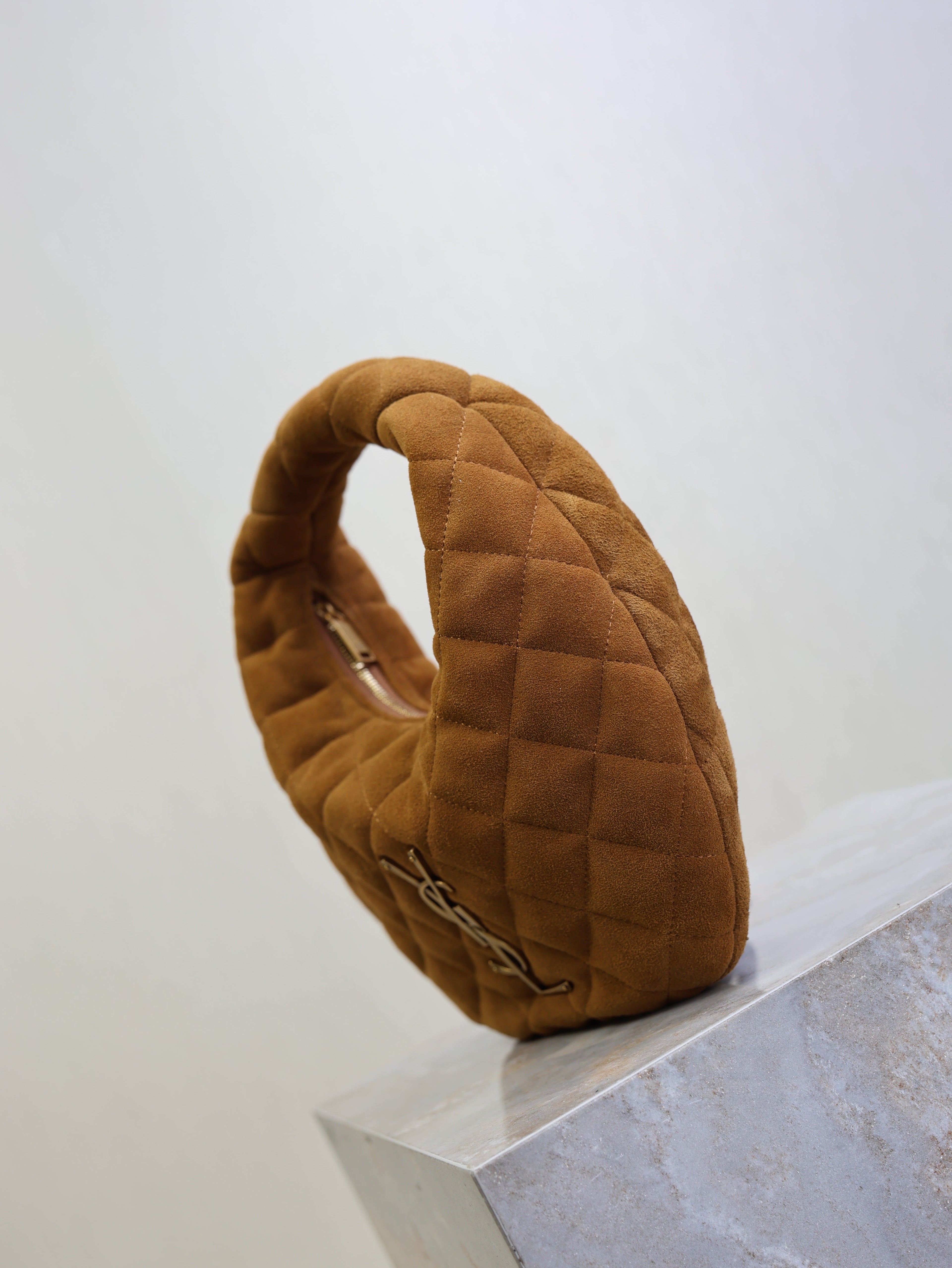 YSL 25S ICARINO MINI 17 IN CARAMEL QUILTED SUEDE GOLD HARDWARE