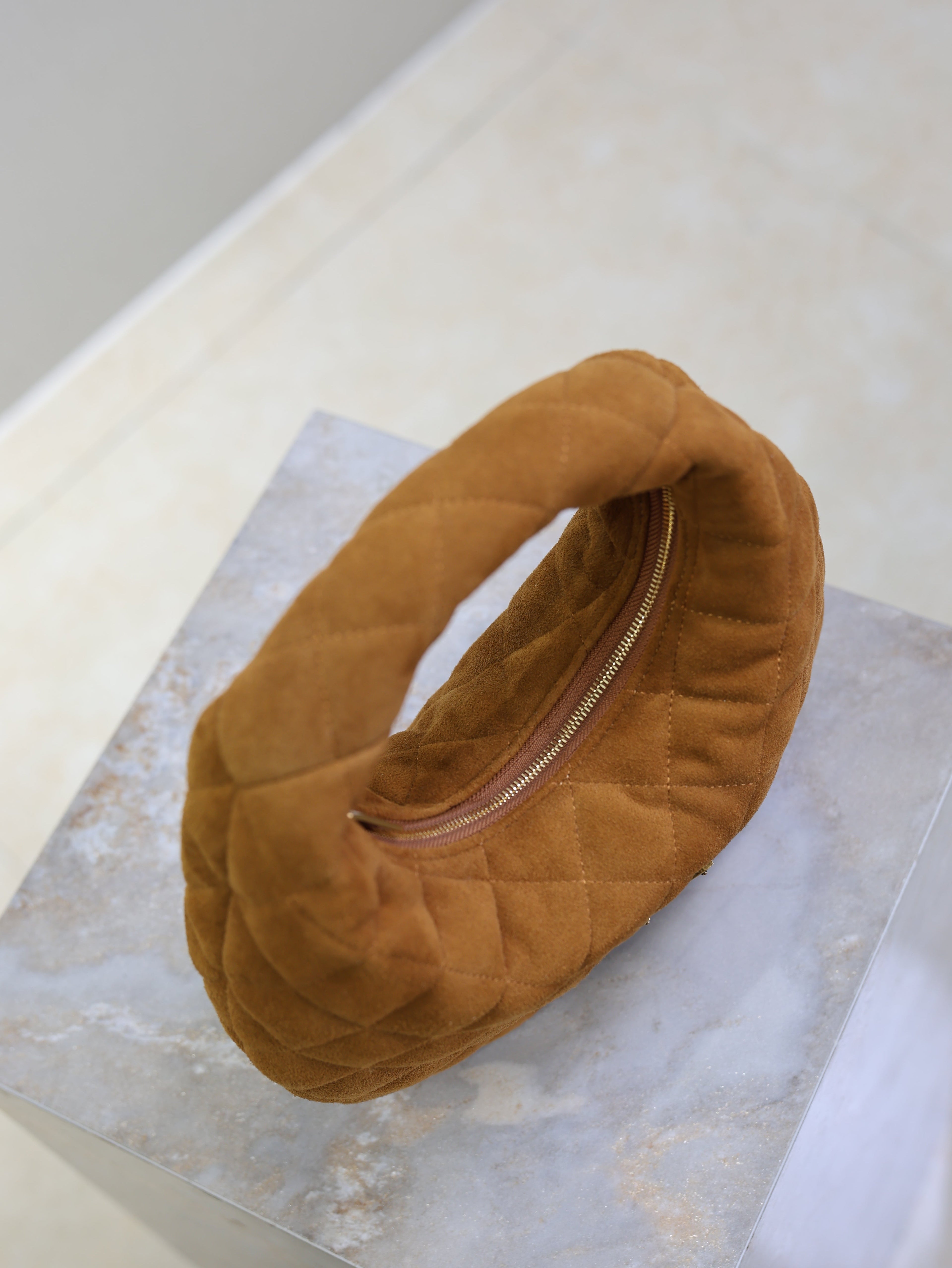 YSL 25S ICARINO MINI 17 IN CARAMEL QUILTED SUEDE GOLD HARDWARE