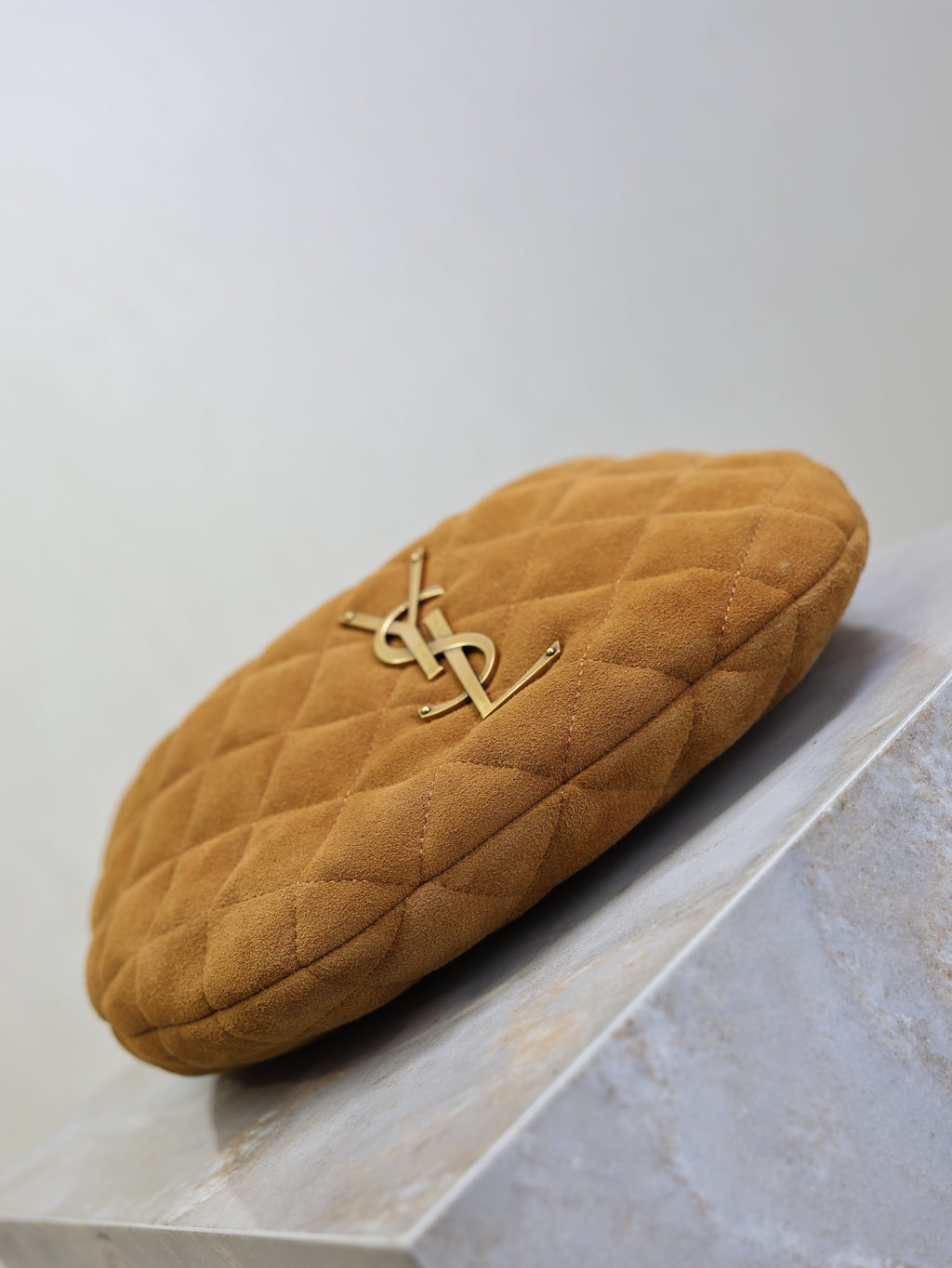 YSL 25S ICARINO MINI 17 IN CARAMEL QUILTED SUEDE GOLD HARDWARE