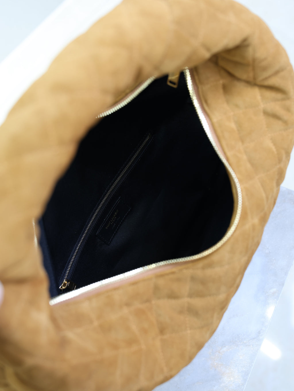 YSL 25S ICARINO 44 IN CARAMEL QUILTED SUEDE GOLD HARDWARE