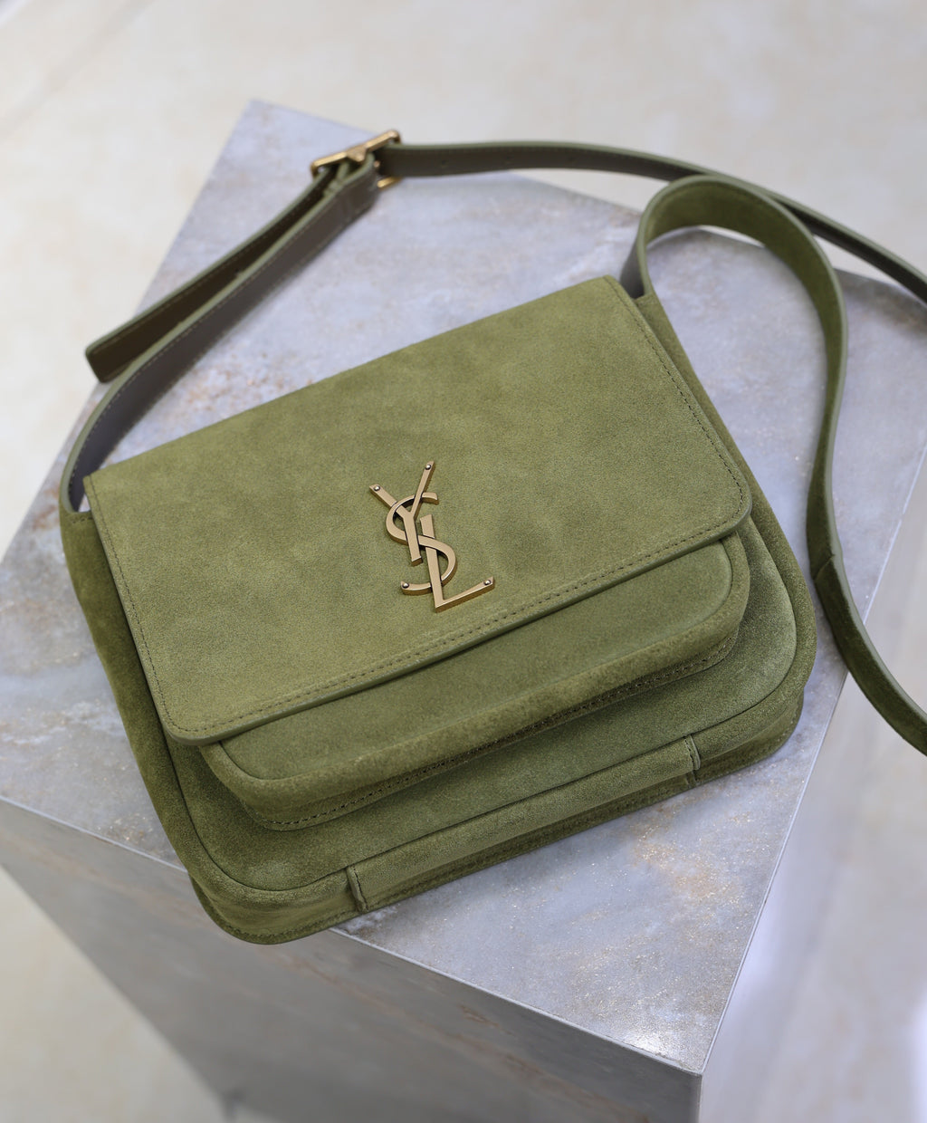 YSL 25S NIKI SATCHEL 22 IN BARLEY GREEN SUEDE GOLD HARDWRE
