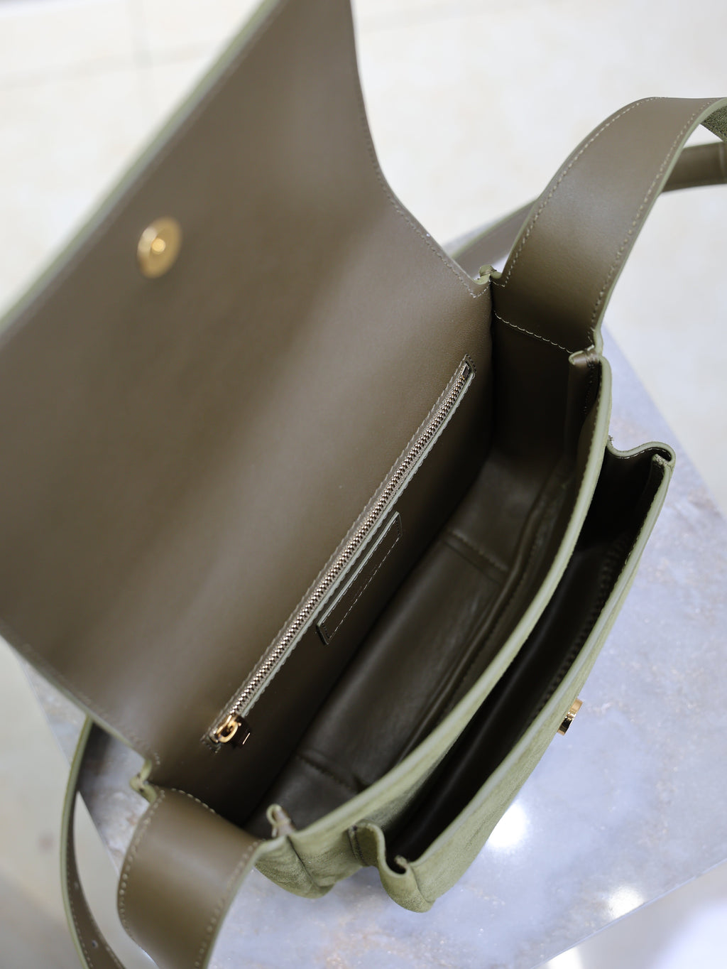 YSL 25S NIKI SATCHEL 22 IN BARLEY GREEN SUEDE GOLD HARDWARE