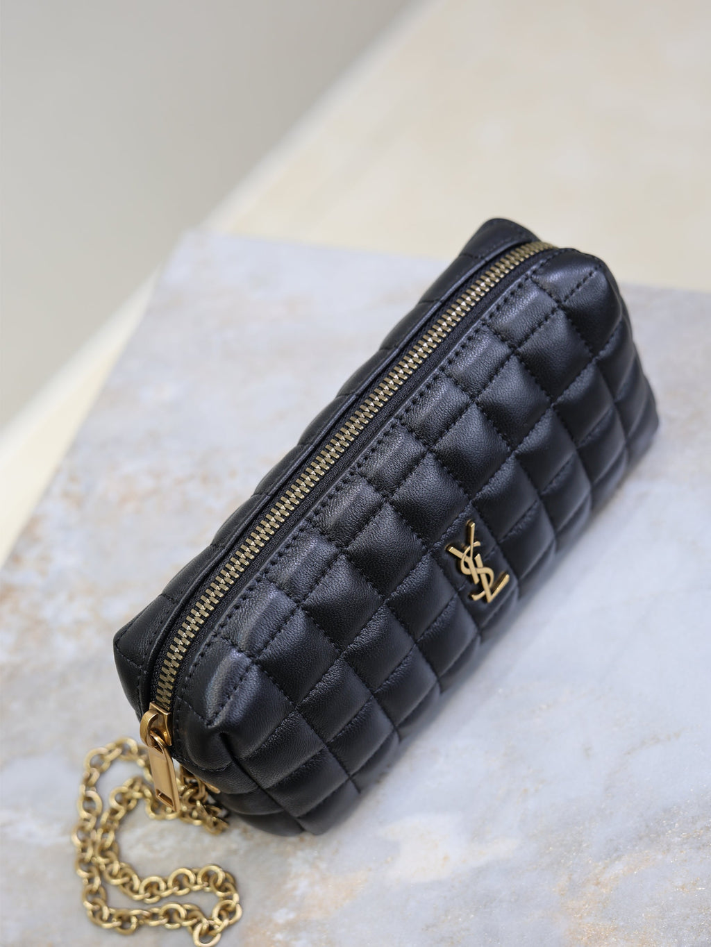 YSL 25S CASSANDRE MATELASSÉ CARRÉ POUCH ON CHAIN 18 IN BLACK LAMBSKIN