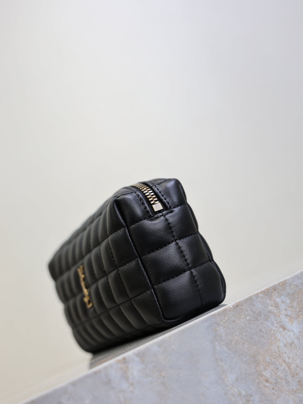 YSL 25S CASSANDRE MATELASSÉ CARRÉ POUCH ON CHAIN 18 IN BLACK LAMBSKIN