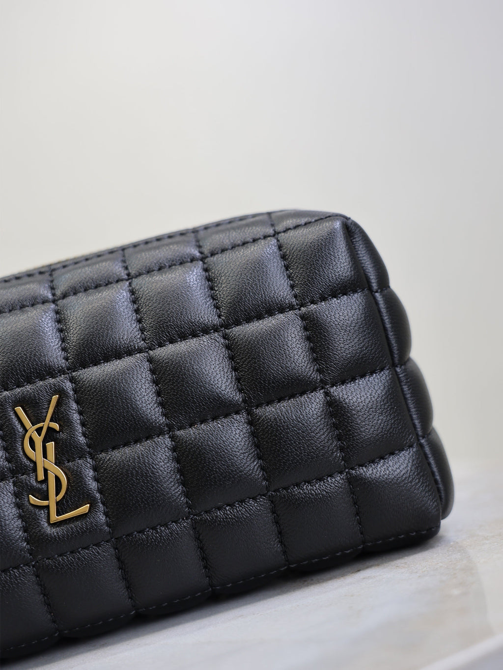 YSL 25S CASSANDRE MATELASSÉ CARRÉ POUCH ON CHAIN 18 IN BLACK LAMBSKIN