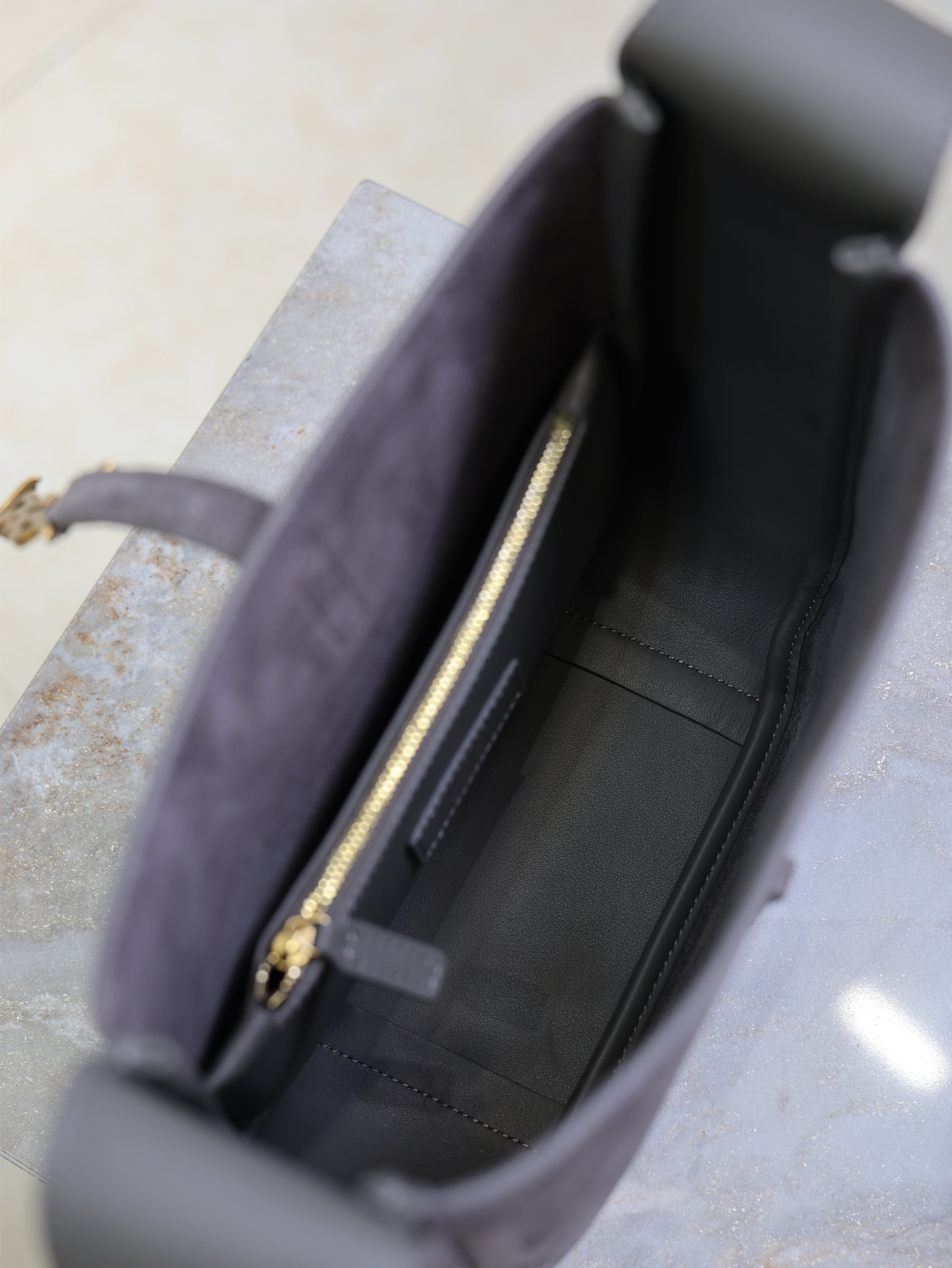 YSL 25S LE 5 À 7 SUPPLE SMALL 23 IN DARK GRAY SUEDE GOLD HARDWARE