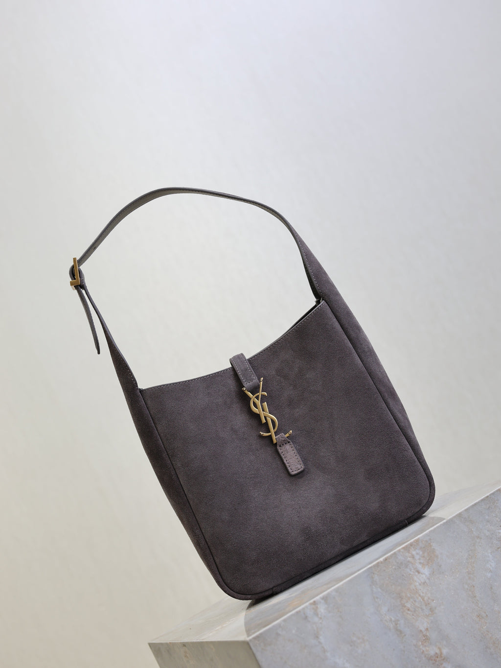 YSL 25S LE 5 À 7 SUPPLE SMALL 23 IN DARK GRAY SUEDE GOLD HARDWARE