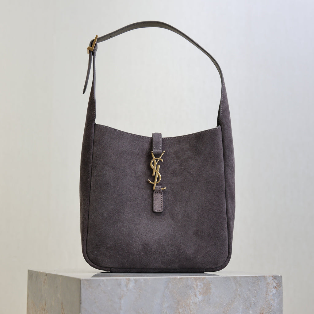 YSL 25S LE 5 À 7 SUPPLE SMALL 23 IN DARK GRAY SUEDE GOLD HARDWARE
