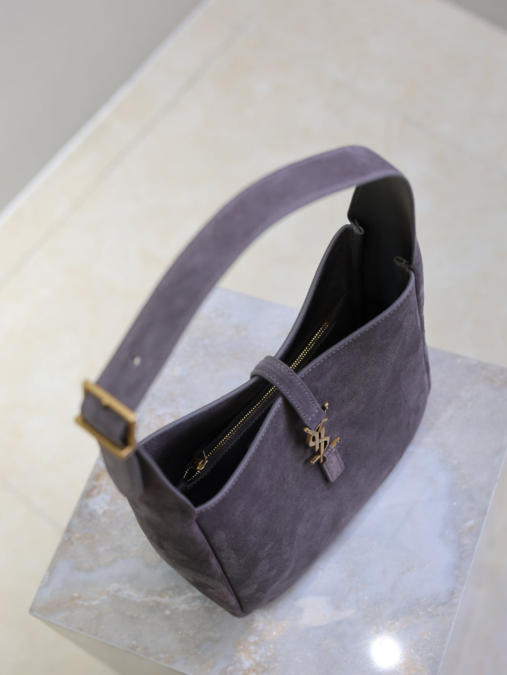 YSL 25S LE 5 À 7 SUPPLE SMALL 23 IN DARK GRAY SUEDE GOLD HARDWRE