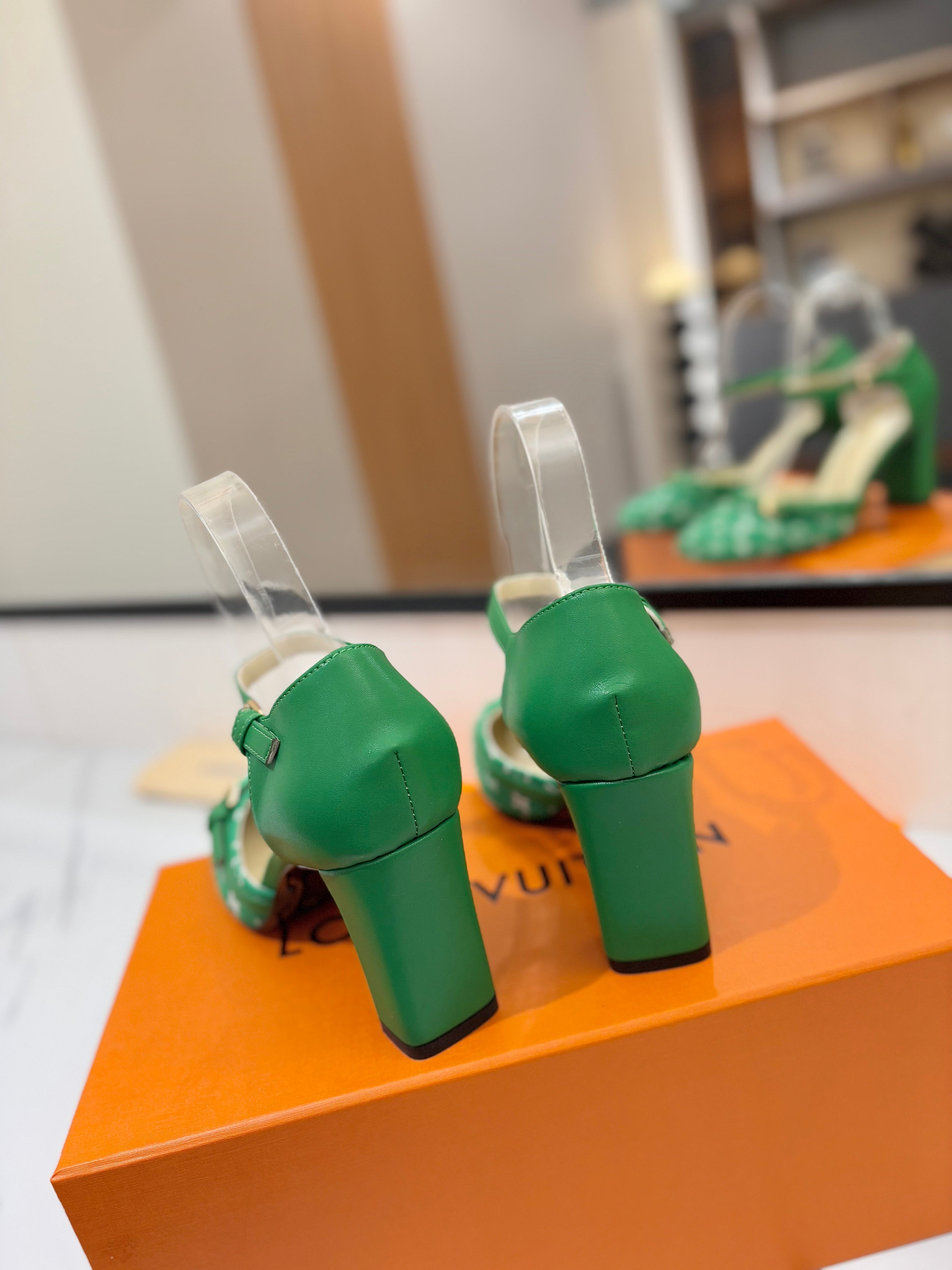 HIGH SANDALS 8 CM IN EMERALD GREEN MONOGRAM DENIM AND CALFSKIN