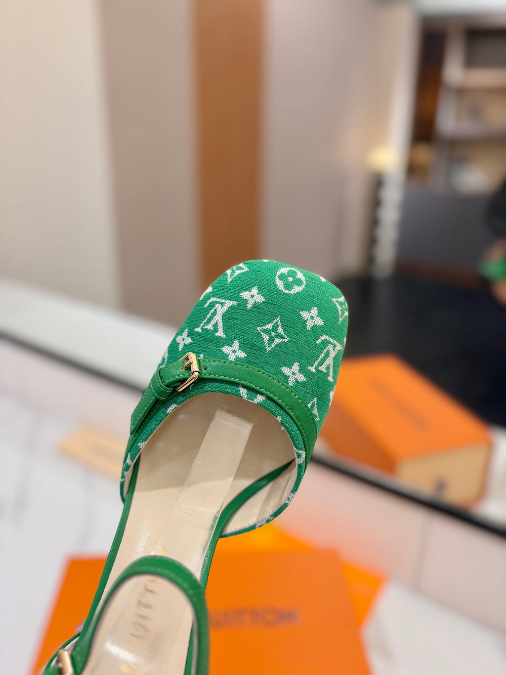 HIGH SANDALS 8 CM IN EMERALD GREEN MONOGRAM DENIM AND CALFSKIN