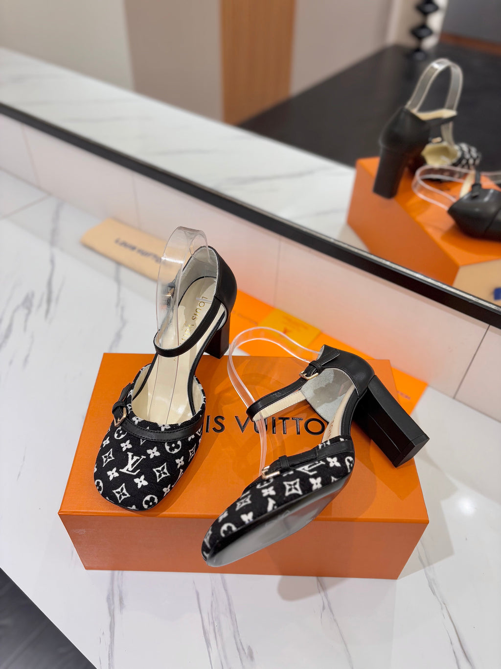 HIGH SANDALS 8 CM IN BLACK MONOGRAM DENIM AND CALFSKIN