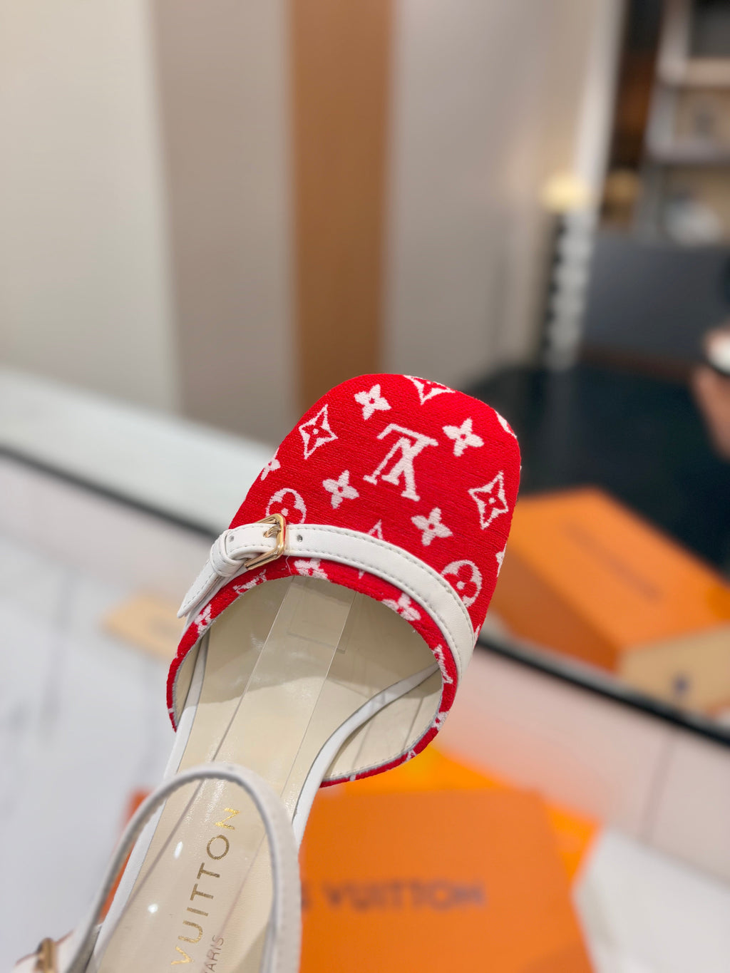 HIGH SANDALS 8 CM IN CHERRY RED MONOGRAM DENIM AND WHITE CALFSKIN