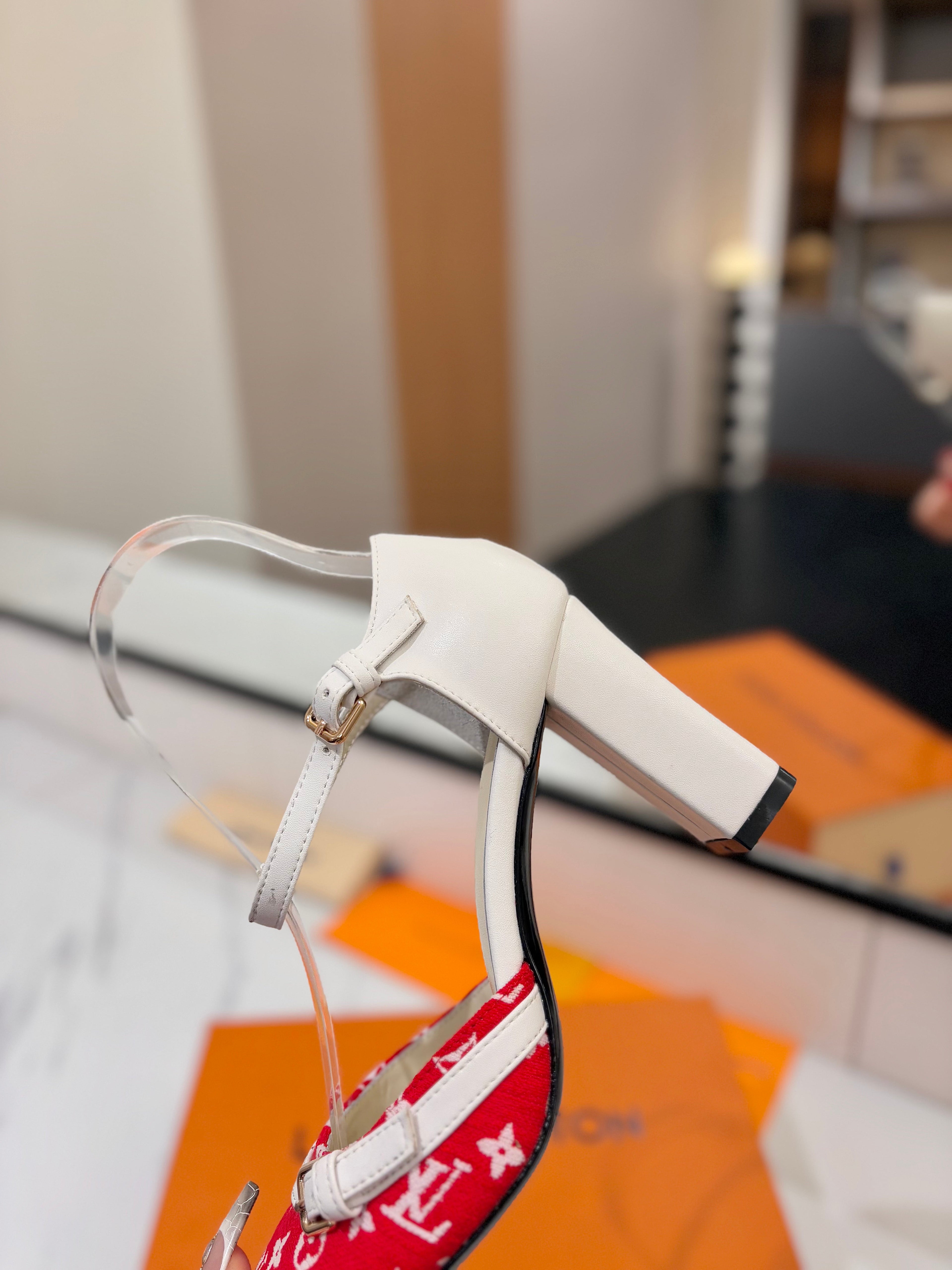 HIGH SANDALS 8 CM IN CHERRY RED MONOGRAM DENIM AND WHITE CALFSKIN