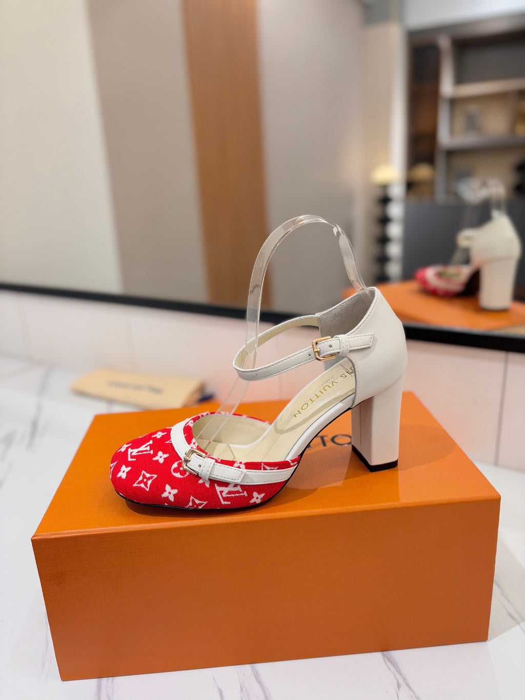 HIGH SANDALS 8 CM IN CHERRY RED MONOGRAM DENIM AND WHITE CALFSKIN