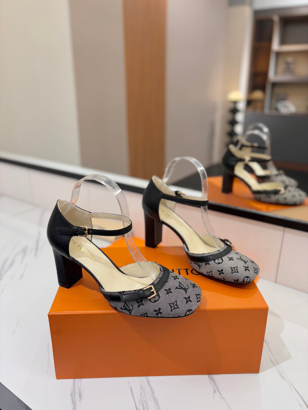 HIGH SANDALS 8 CM IN COOL GRAY MONOGRAM DENIM AND BLACK CALFSKIN