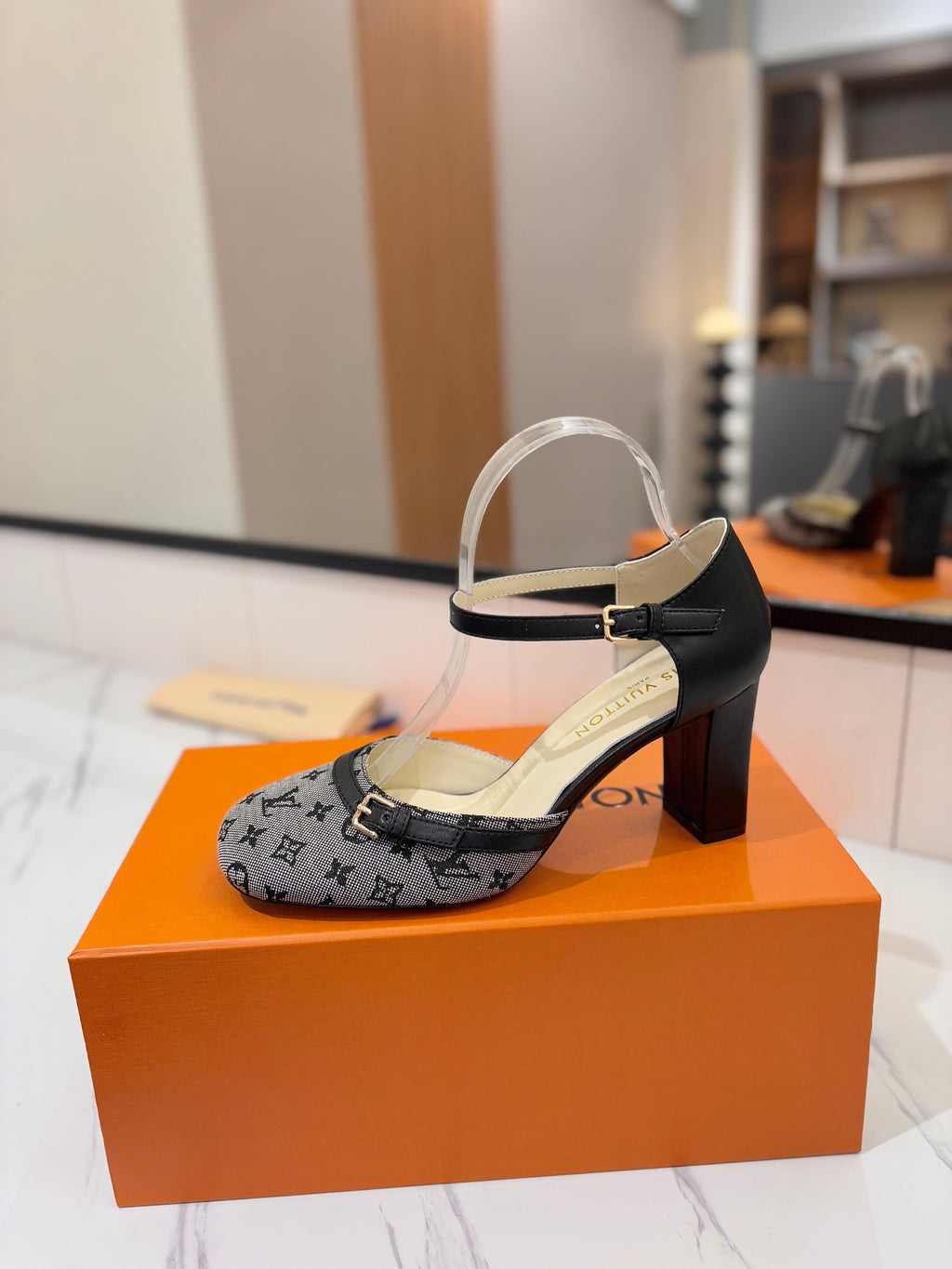 HIGH SANDALS 8 CM IN COOL GRAY MONOGRAM DENIM AND BLACK CALFSKIN