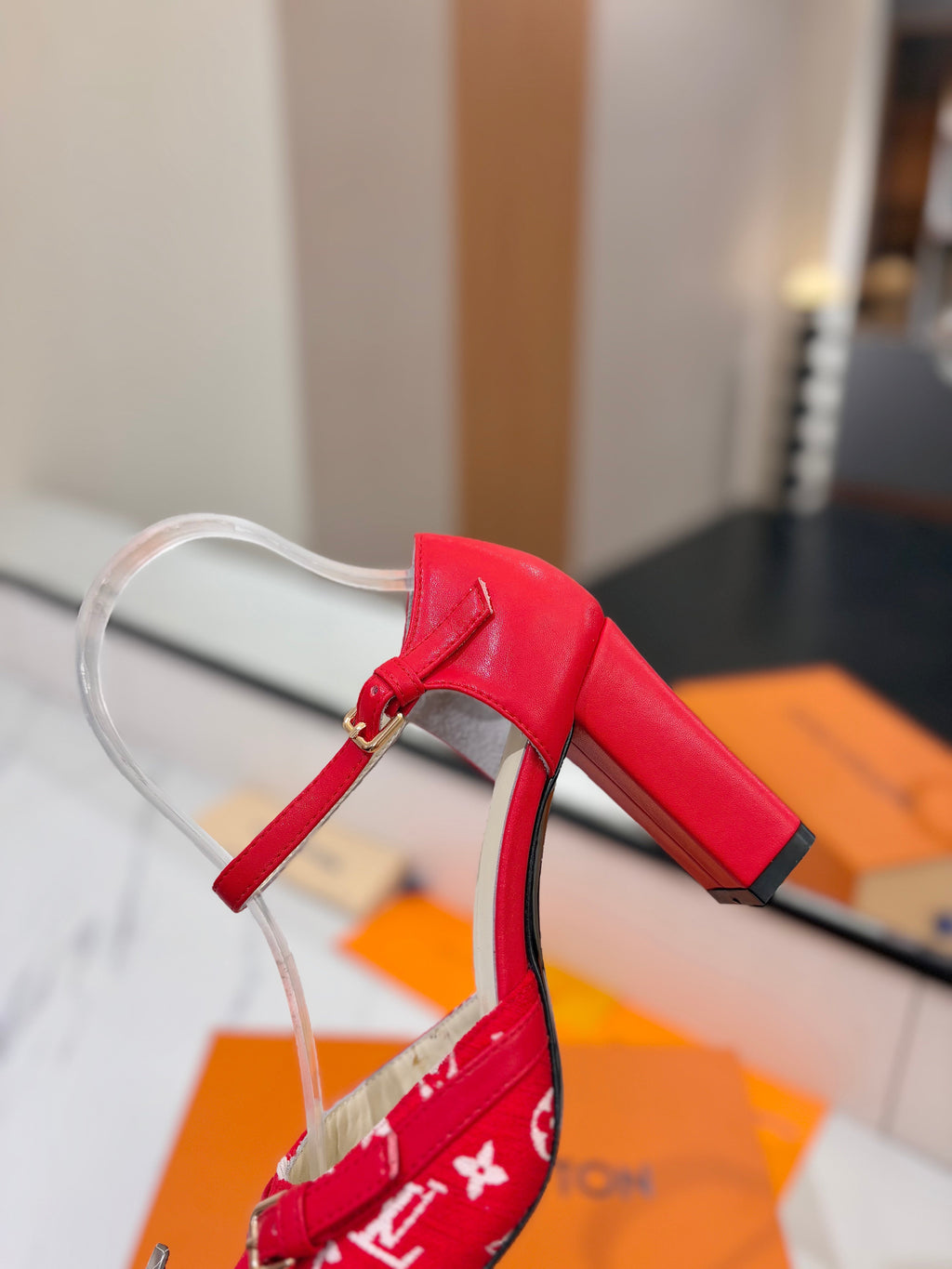 HIGH SANDALS 8 CM IN CHERRY RED MONOGRAM DENIM