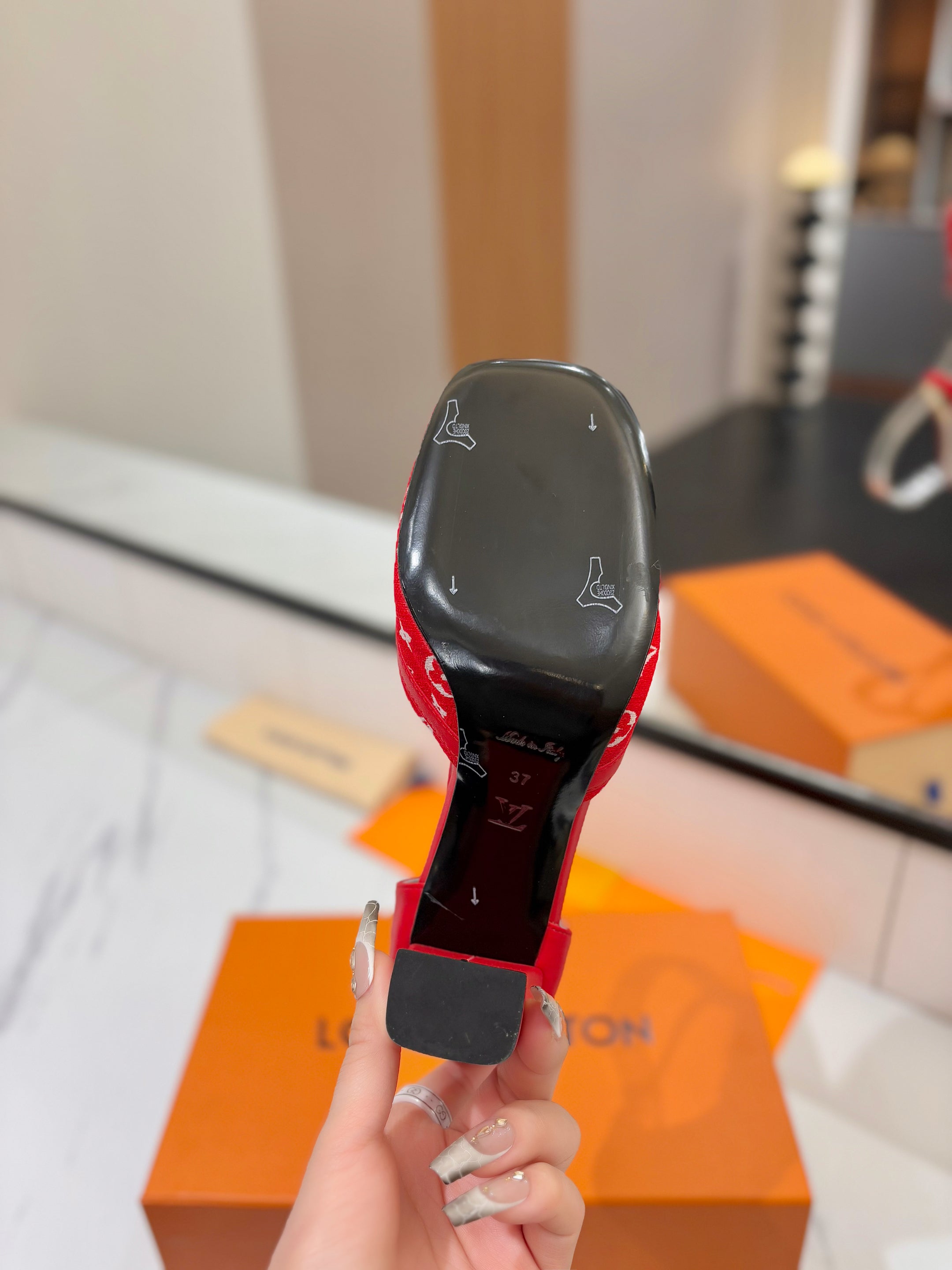 HIGH SANDALS 8 CM IN CHERRY RED MONOGRAM DENIM