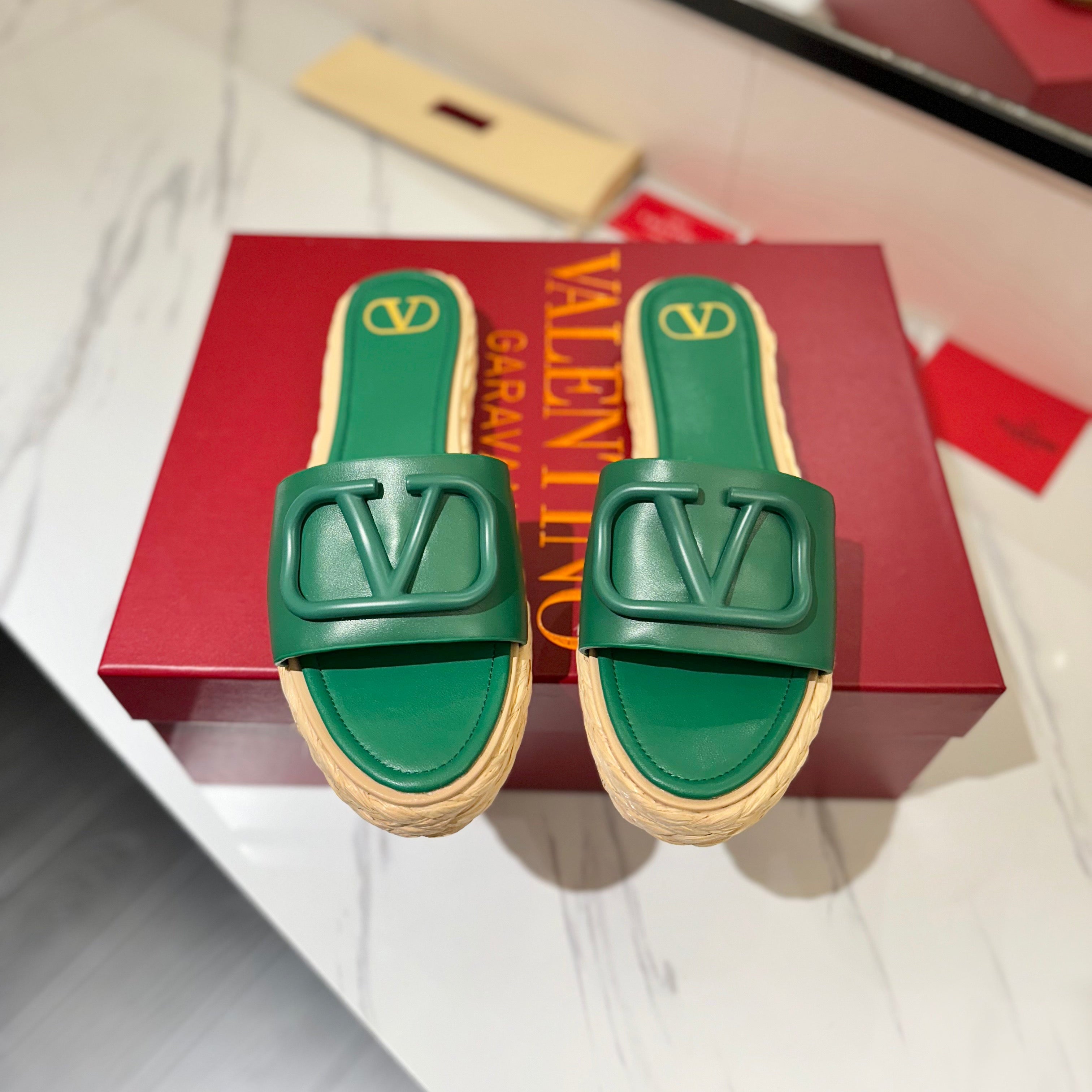 VLTN ESPADRILLE SLIDES 25S IN DARK GREEN LAMBSKIN STYLE 9