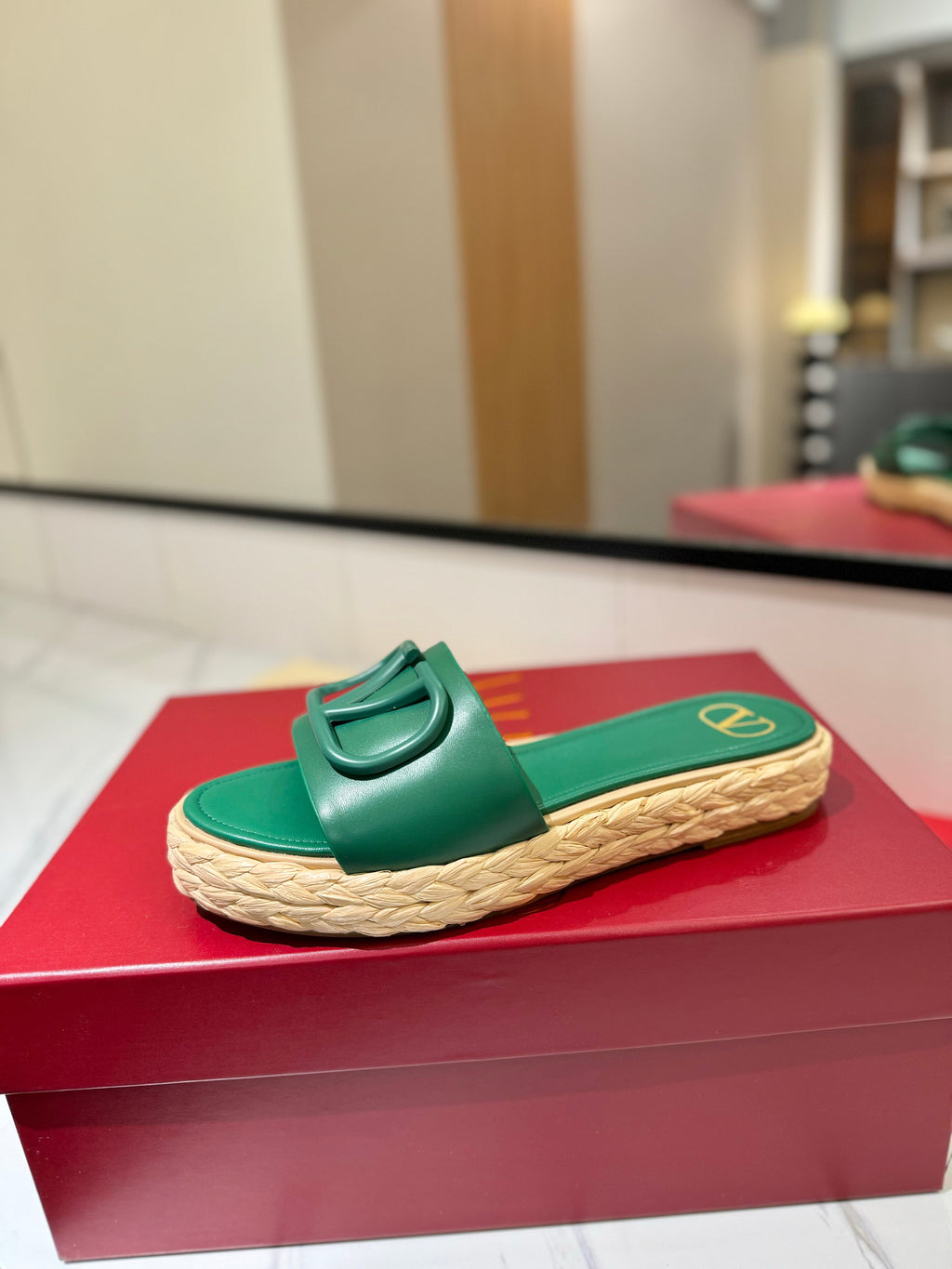 VLTN ESPADRILLE SLIDES 25S IN DARK GREEN LAMBSKIN STYLE 9