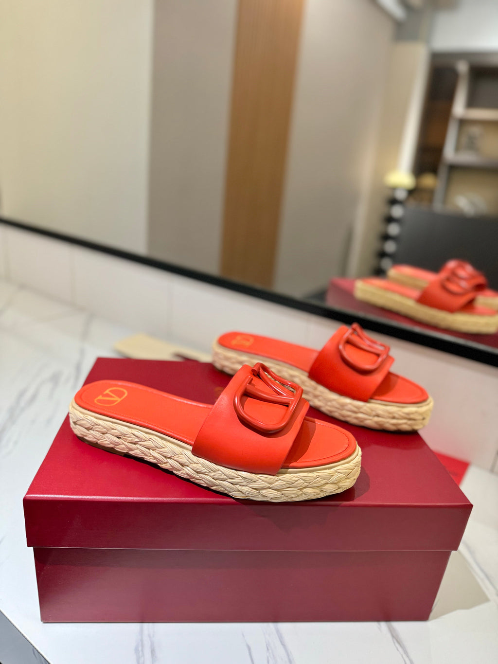 VLTN ESPADRILLE SLIDES 25S IN ORANGE LAMBSKIN STYLE 6