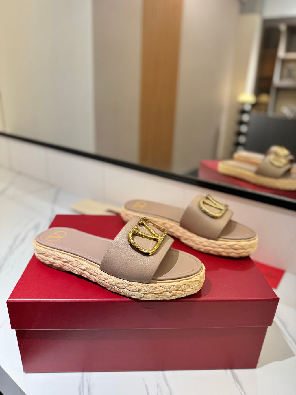 VLTN ESPADRILLE SLIDES 25S IN BEIGE BROWN LAMBSKIN STYLE 4