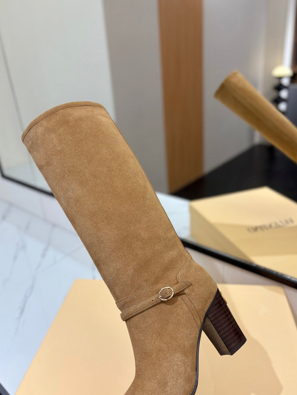 VALENTINO 25S GARAVANI PATTIE KNEE-HIGH BOOTS 80 MM IN LIGHT BROWN SUEDE