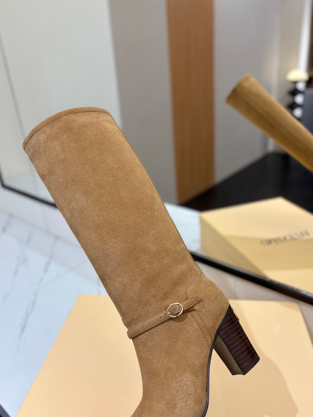 VALENTINO 25S GARAVANI PATTIE KNEE-HIGH BOOTS 80 MM IN LIGHT BROWN SUEDE