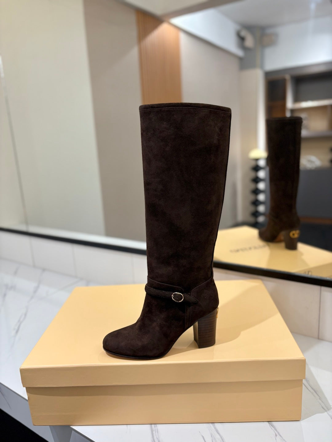 VALENTINO 25S GARAVANI PATTIE KNEE-HIGH BOOTS 80 MM IN DARK BROWN SUEDE