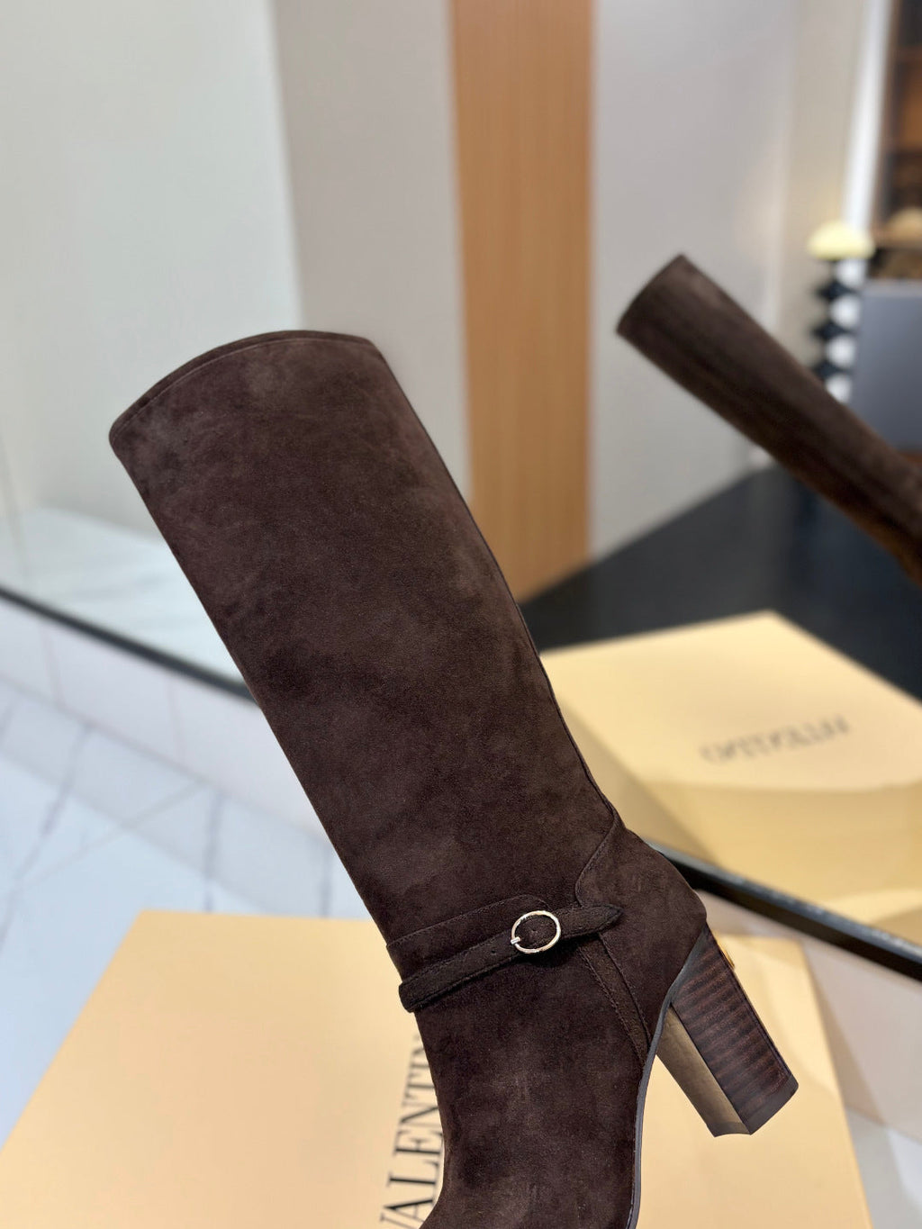 VALENTINO 25S GARAVANI PATTIE KNEE-HIGH BOOTS 80 MM IN DARK BROWN SUEDE