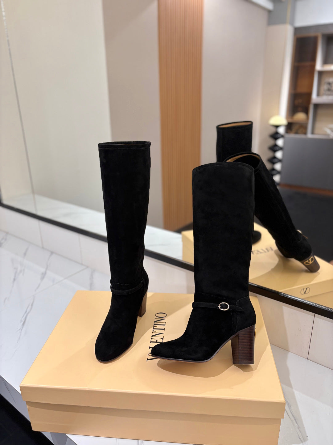 VALENTINO 25S GARAVANI PATTIE KNEE-HIGH BOOTS 80 MM IN BLACK SUEDE