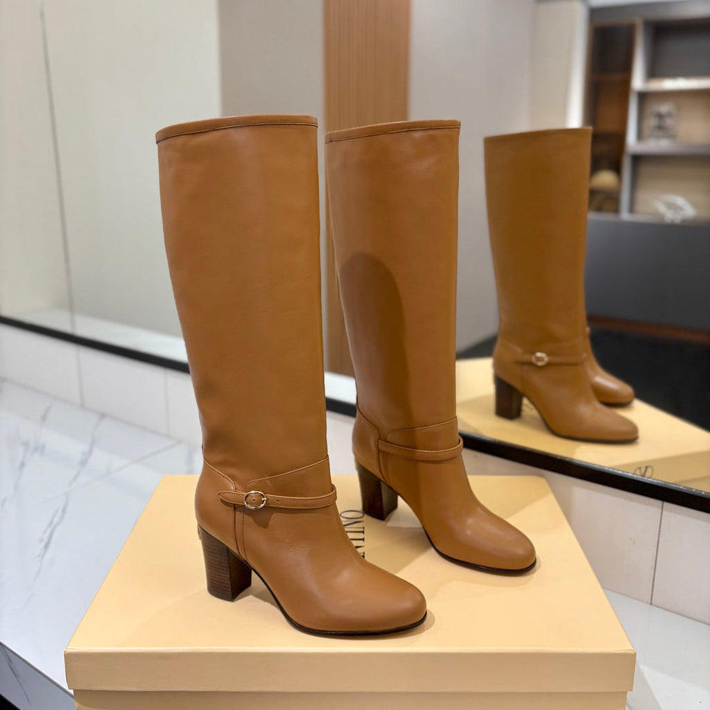 VALENTINO 25S GARAVANI PATTIE KNEE-HIGH BOOTS 80 MM IN BROWN CALFSKIN