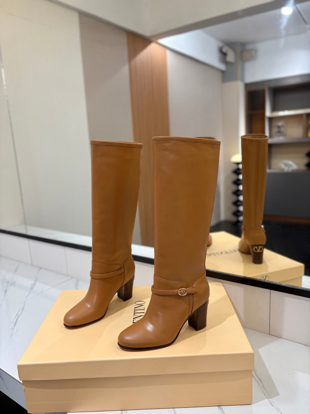 VALENTINO 25S GARAVANI PATTIE KNEE-HIGH BOOTS 80 MM IN BROWN CALFSKIN