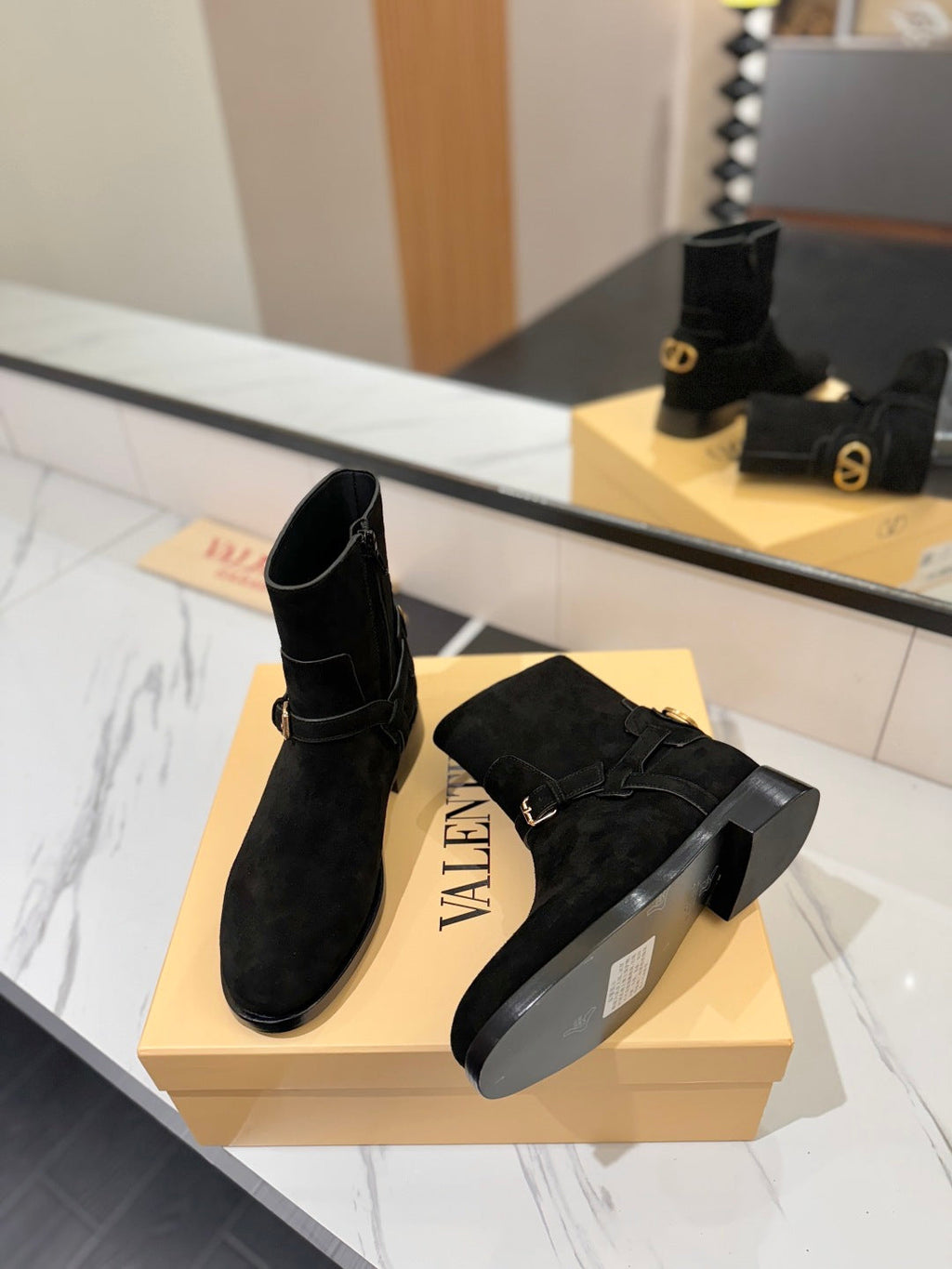 VALENTINO 25S PATTIE ANKLE BOOTS IN BLACK SUEDE WITH GOLD HARDWARE