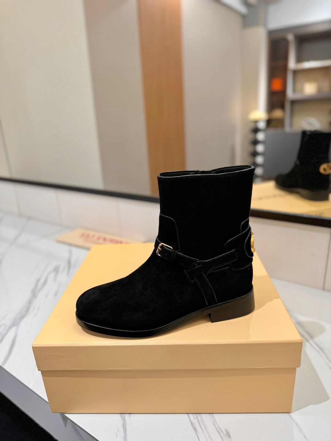 VALENTINO 25S PATTIE ANKLE BOOTS IN BLACK SUEDE WITH GOLD HARDWARE