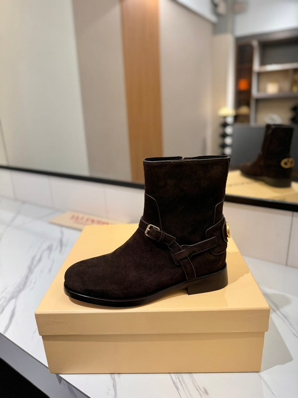 VALENTINO 25S PATTIE ANKLE BOOTS IN DARK BROWN SUEDE WITH GOLD HARDWARE