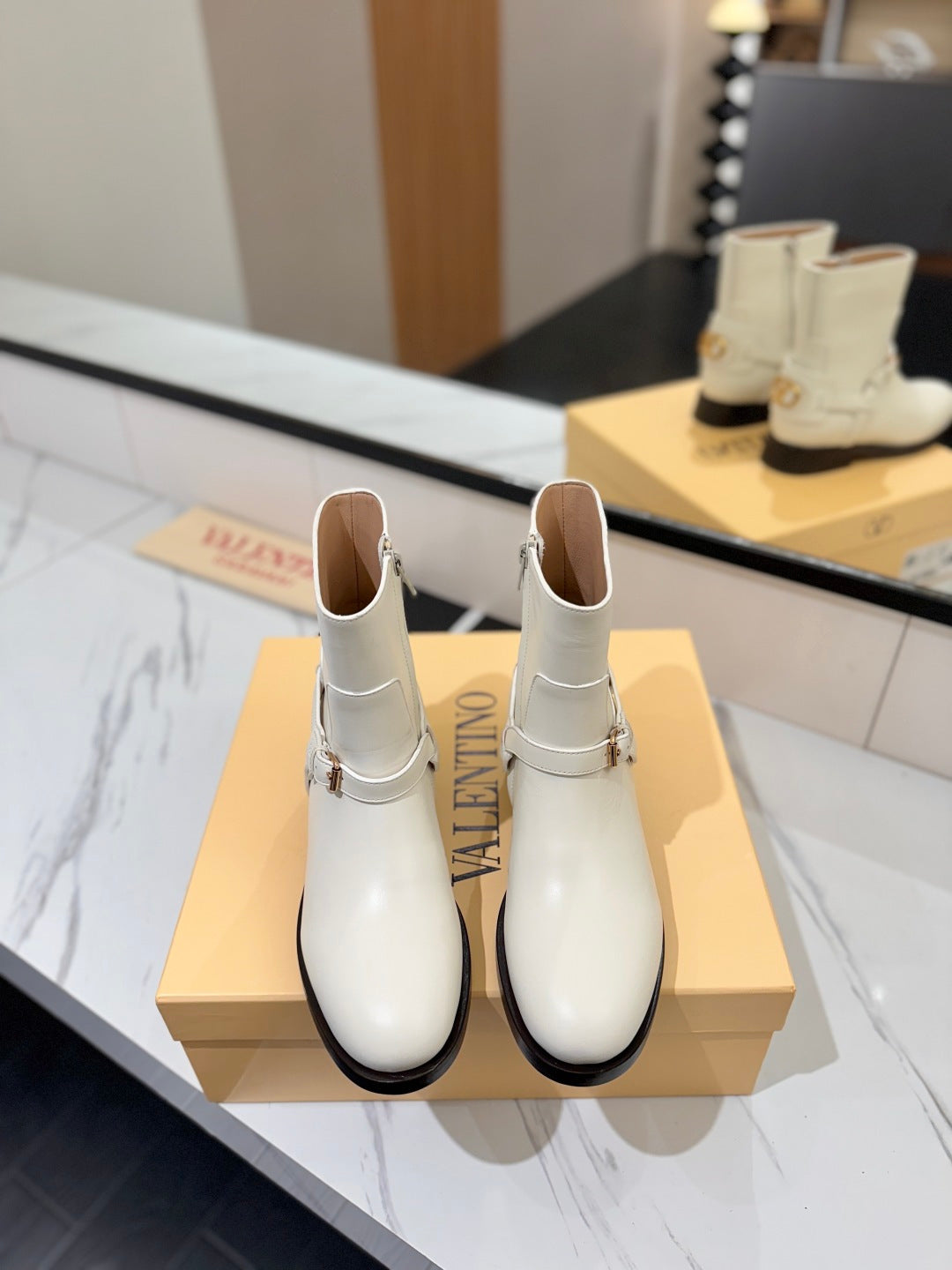 VALENTINO 25S PATTIE ANKLE BOOTS IN WHITE CALFSKIN WITH GOLD HARDWARE