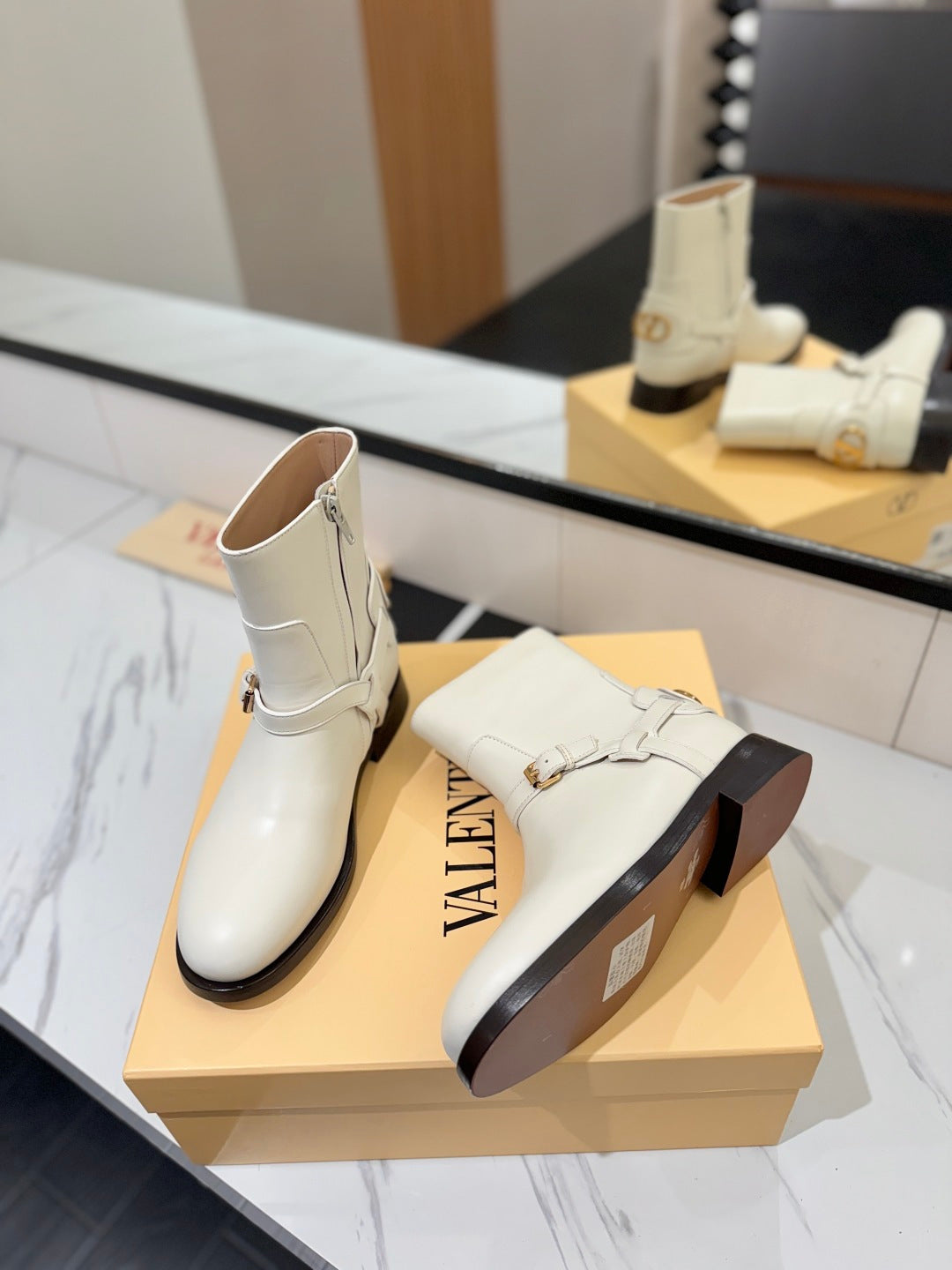 VALENTINO 25S PATTIE ANKLE BOOTS IN WHITE CALFSKIN WITH GOLD HARDWARE